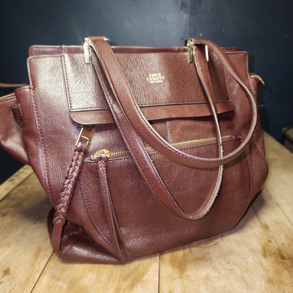 VINCE CAMUTO brown leather zip top double handle purse bag pebbled